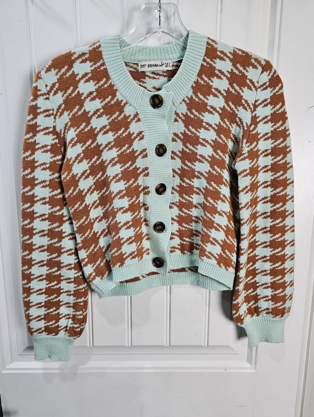 Houndstooth Cropped Crew-Neck Ribbed Knit Cardigan In Toffee Mint Blue Sz Small